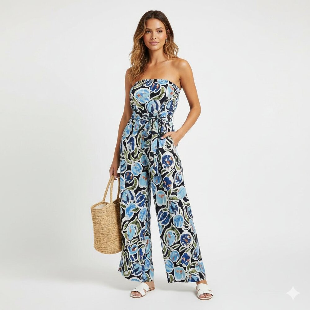Renee C Linen Strapless Jumpsuit Size Large Coastal Chic Boho Summer Breathable